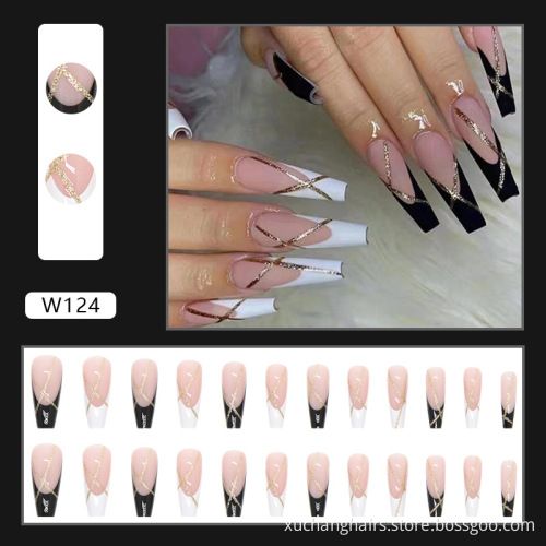 New Style Long Coffin Press On Luxury Fake Nails Custom Pink & Black Matte Ballerina Nail Tips Artificial False Nails